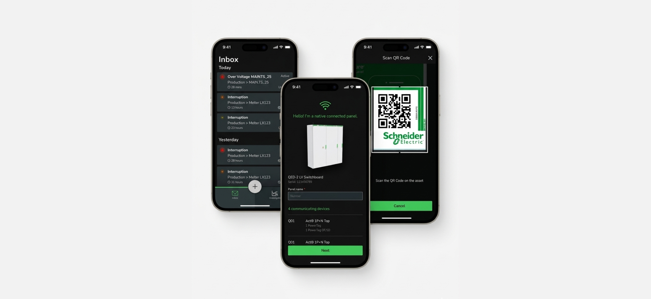 Three phone screens from the EcoStruxure Energy Hub mobile app: Inbox, native connected panel detection, and QR code scan
