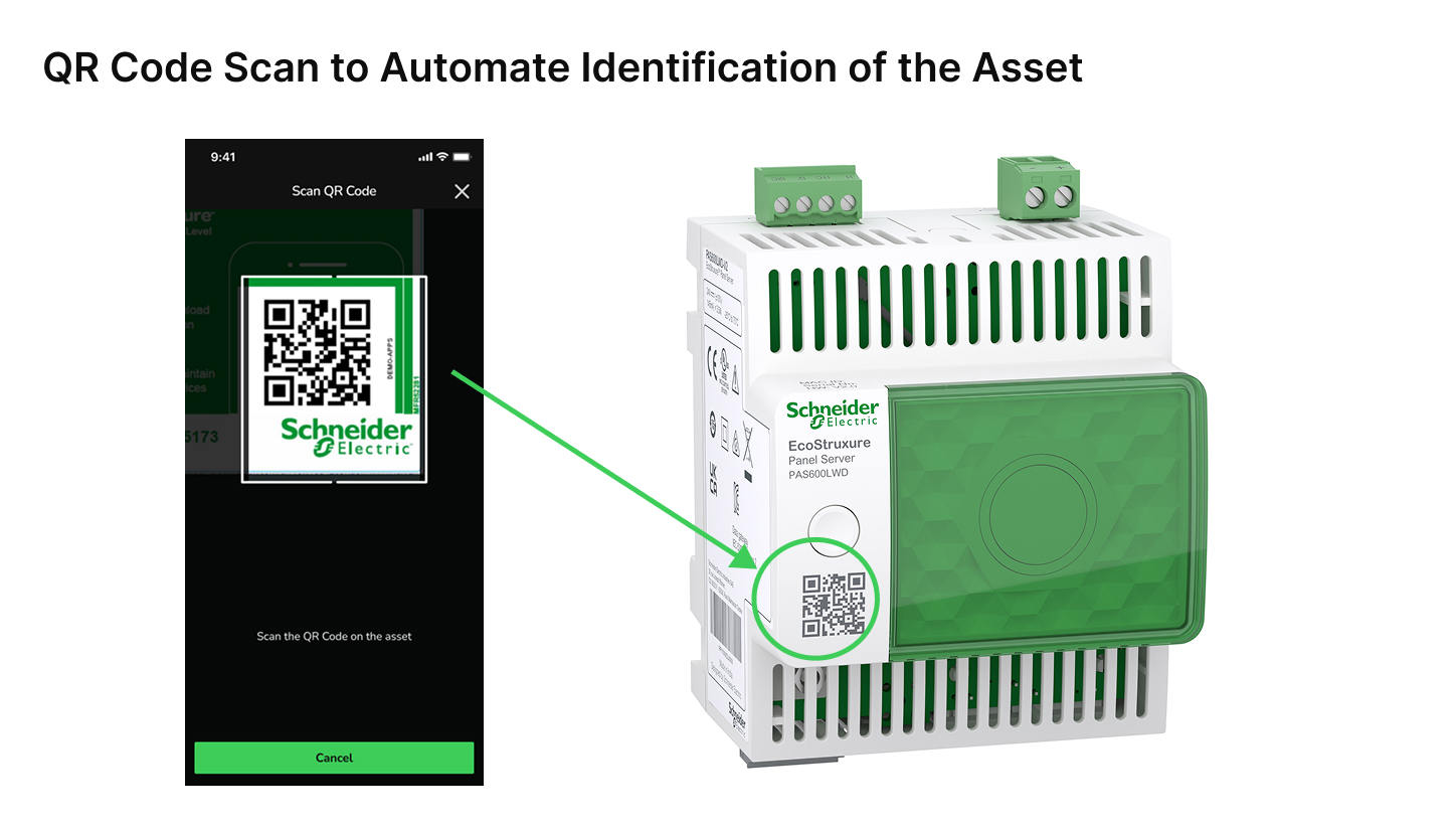 QR Code Scan to Automate Identification of the Asset: the mobile app's scan screen next to the physical QR code on the EcoStruxure Panel Server hardware